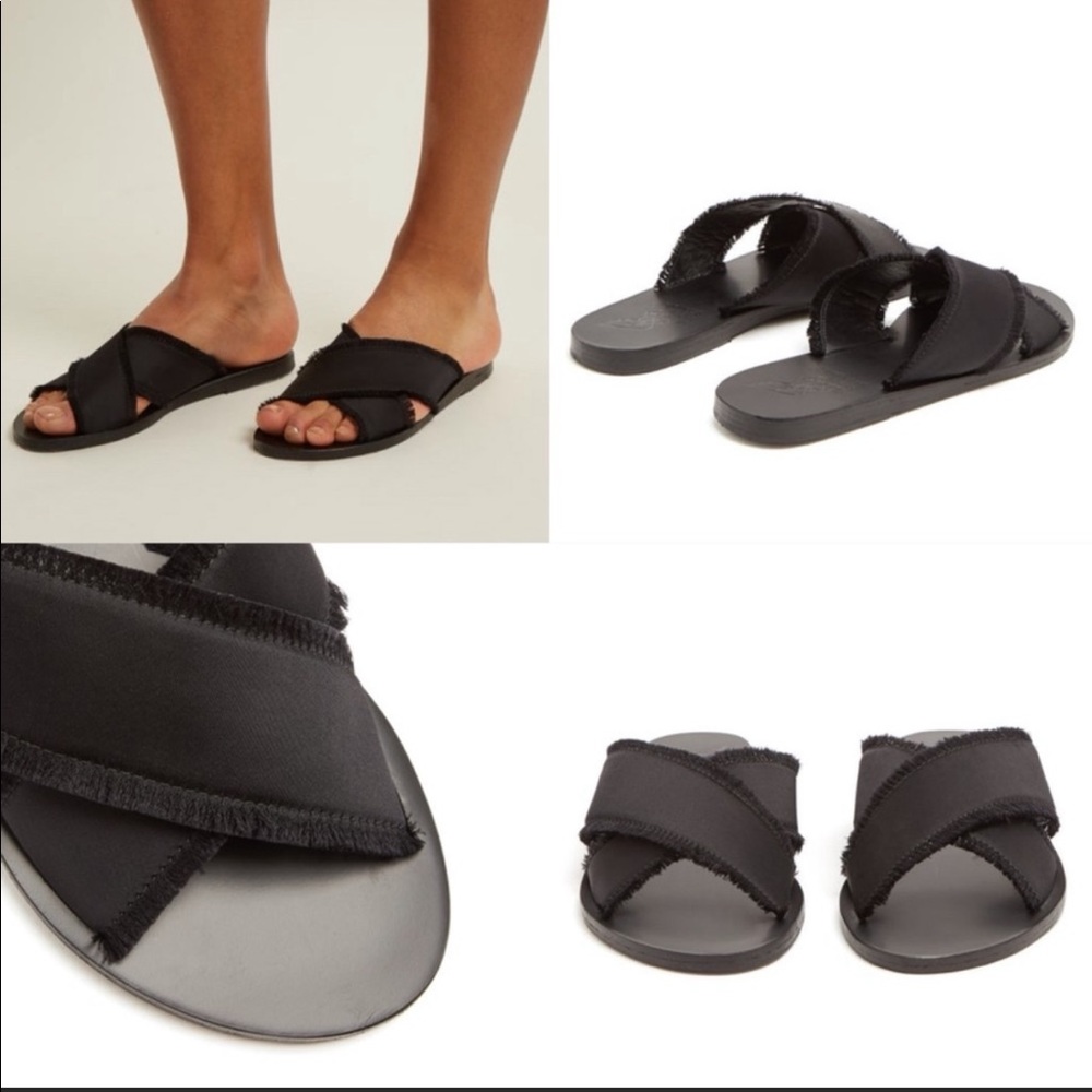 ANCIENT GREEK THAIS CRISSCROSS HAND MADE SATIN SLIDES SANDALS SIZE 41 IN BLACK.